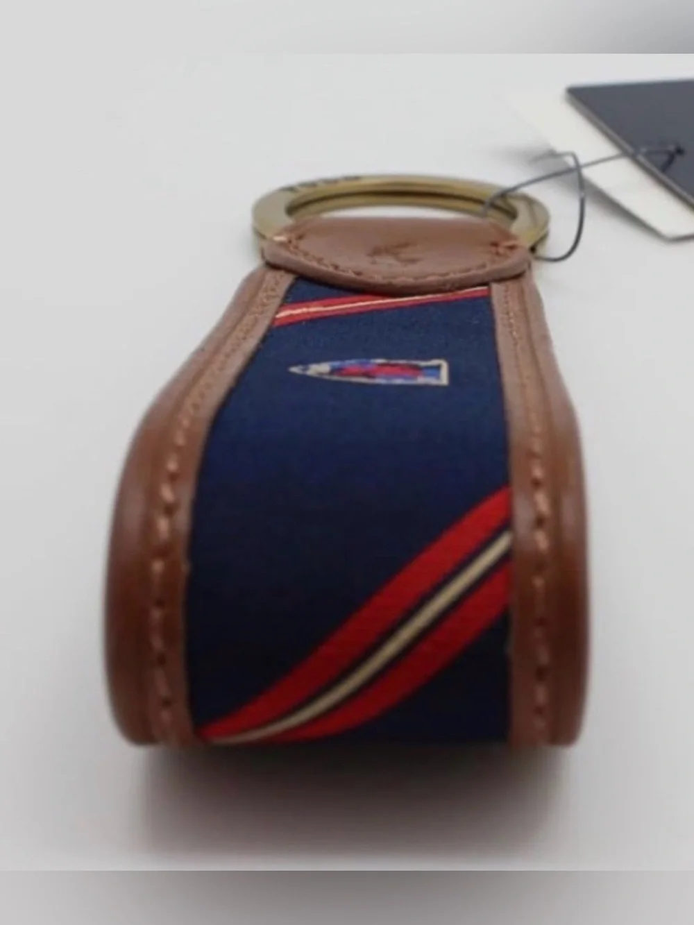 NEW Polo Ralph Lauren Leather & Navy Blue Silk CREST Key Ring Keychain - TAN